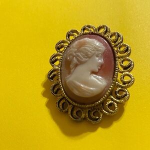 VTG Elegant Gold and Cream Cameo Brooch
